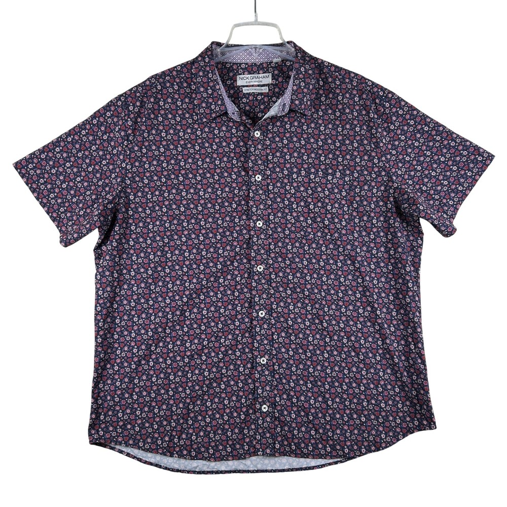 Nick Graham Shirt Mens 2XL Blue Floral Short Sleeve Button Up Stretch Modern Fit